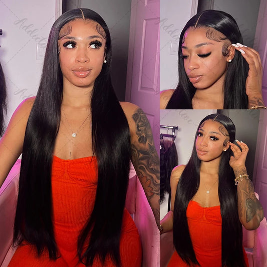 Bone straight transparent HD lace wig displayed on a model showcasing long Remy hair and sleek style.