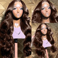 Chocolate brown body wave lace wig by Addictive, featuring long Remy human hair and transparent lace for a natural look.