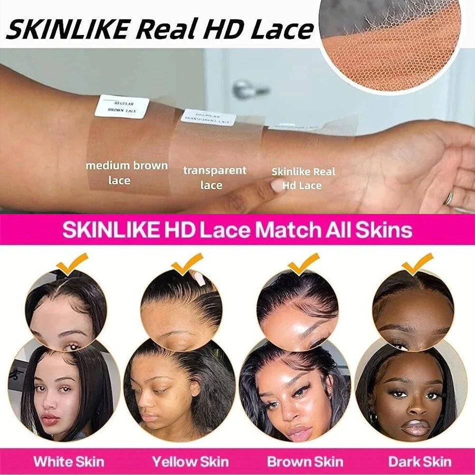 Skinlike HD Lace swatches for different skin tones, showcasing transparent and medium brown lace options.