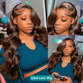 Chocolate brown body wave lace wig in 13x4 style, worn by model showcasing its natural look and soft waves.