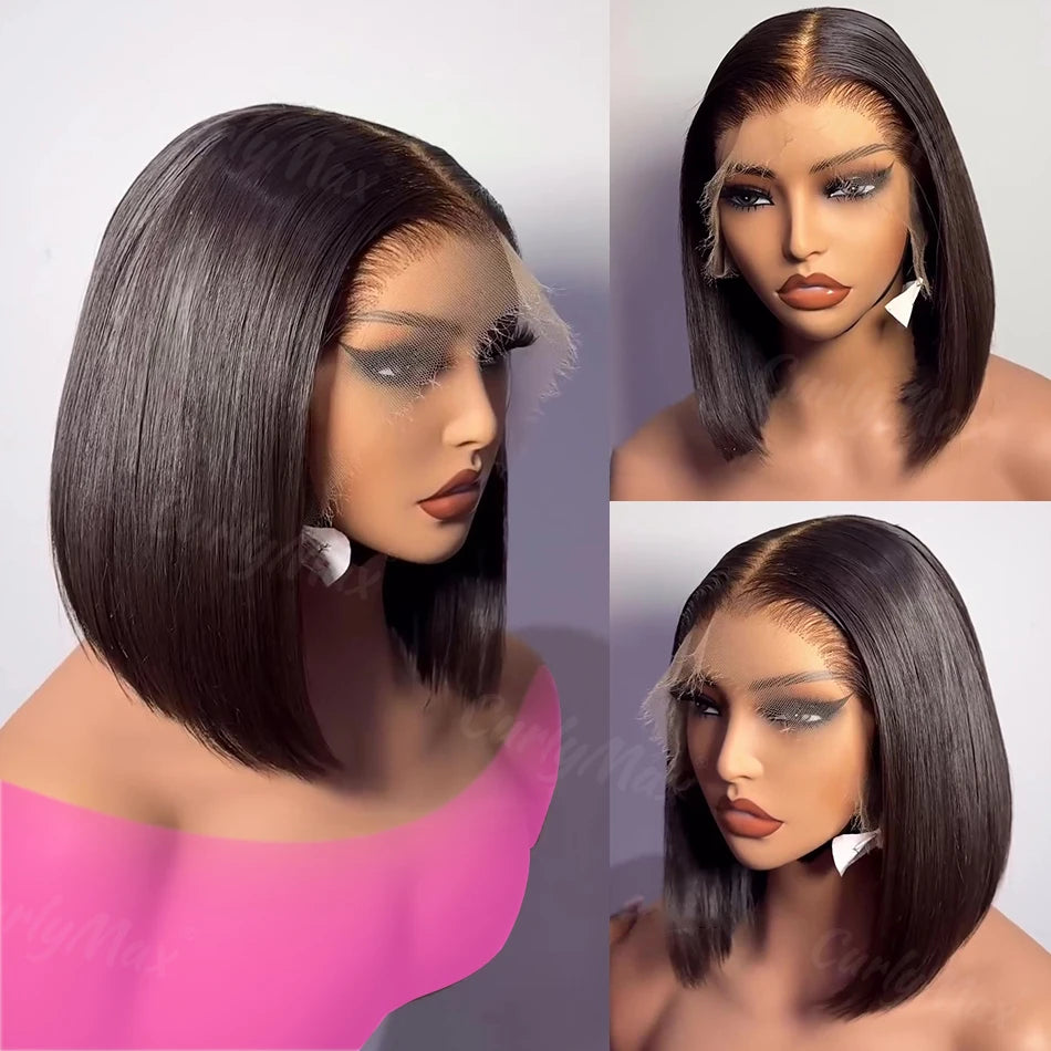Brazilian Bone Straight HD Bob Wig showcased in multiple angles, featuring sleek straight texture and natural-looking hairline.