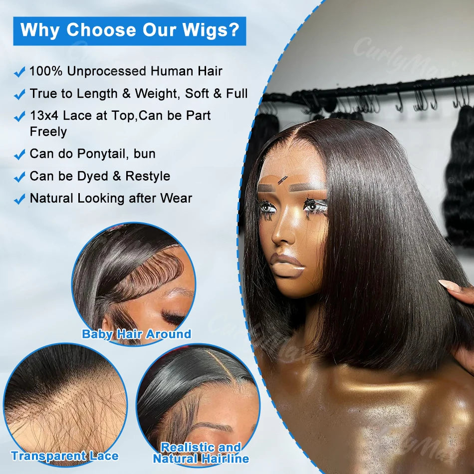 Brazilian Bone Straight HD Bob Wig with transparent lace, baby hair, and natural-looking hairline for styling versatility.