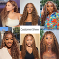 Customer showcase of Honey Blonde Highlight HD Lace Wigs with curly texture and vibrant style on different models.