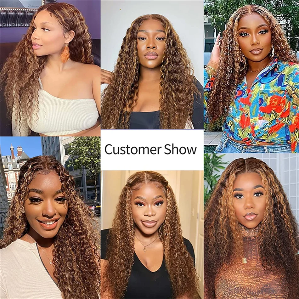 Customer showcase of Honey Blonde Highlight HD Lace Wigs with curly texture and vibrant style on different models.