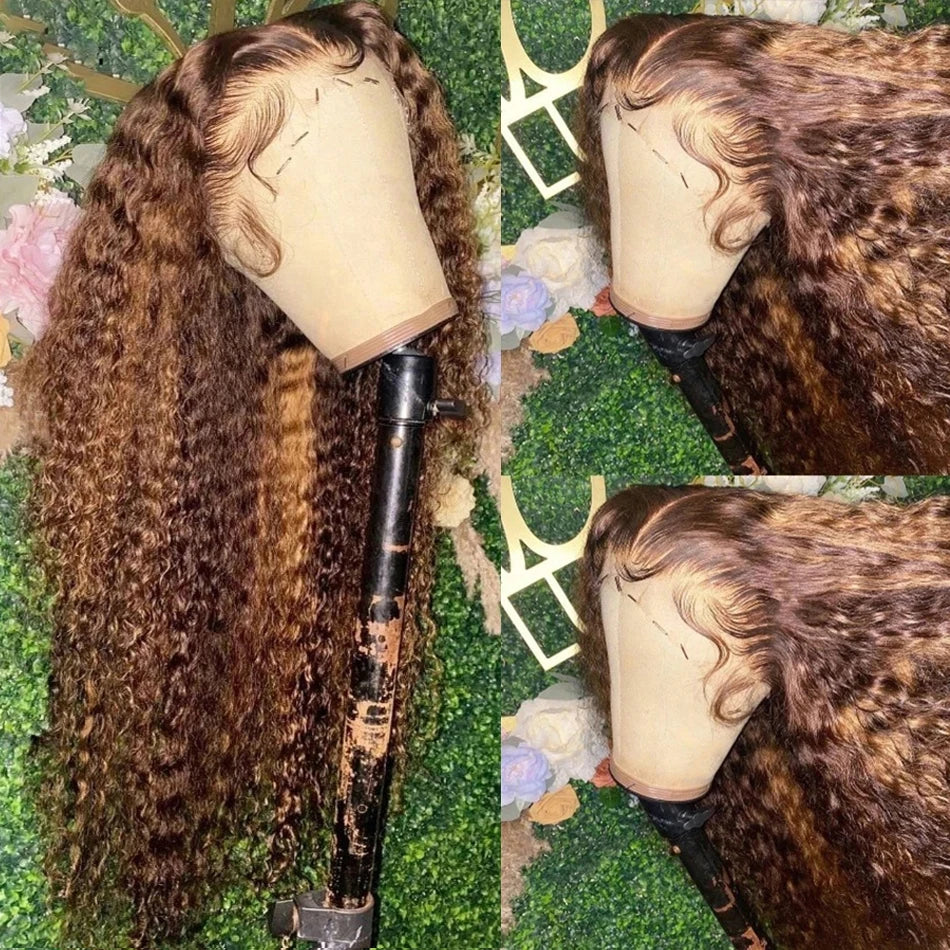 Honey blonde highlight curly HD lace wig displayed on a mannequin head, showcasing long, textured hair in various angles.