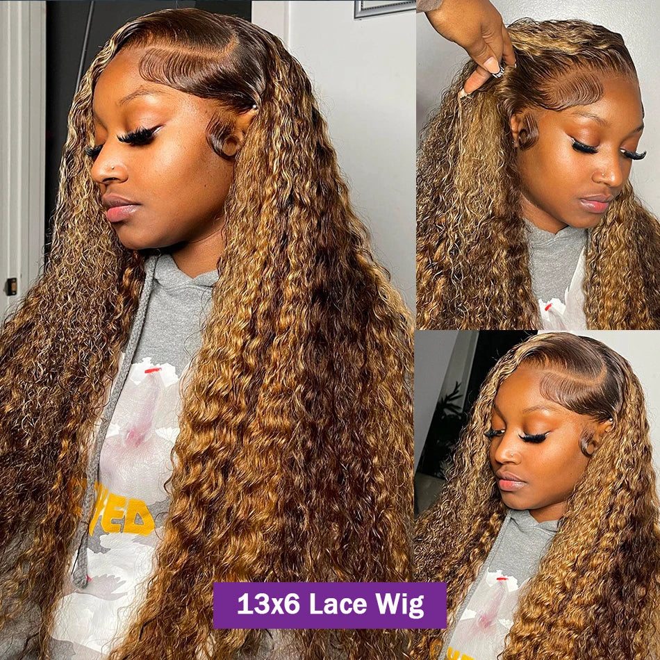 Honey blonde highlight 13x6 lace wig featuring long curly texture and transparent lace for a natural look.