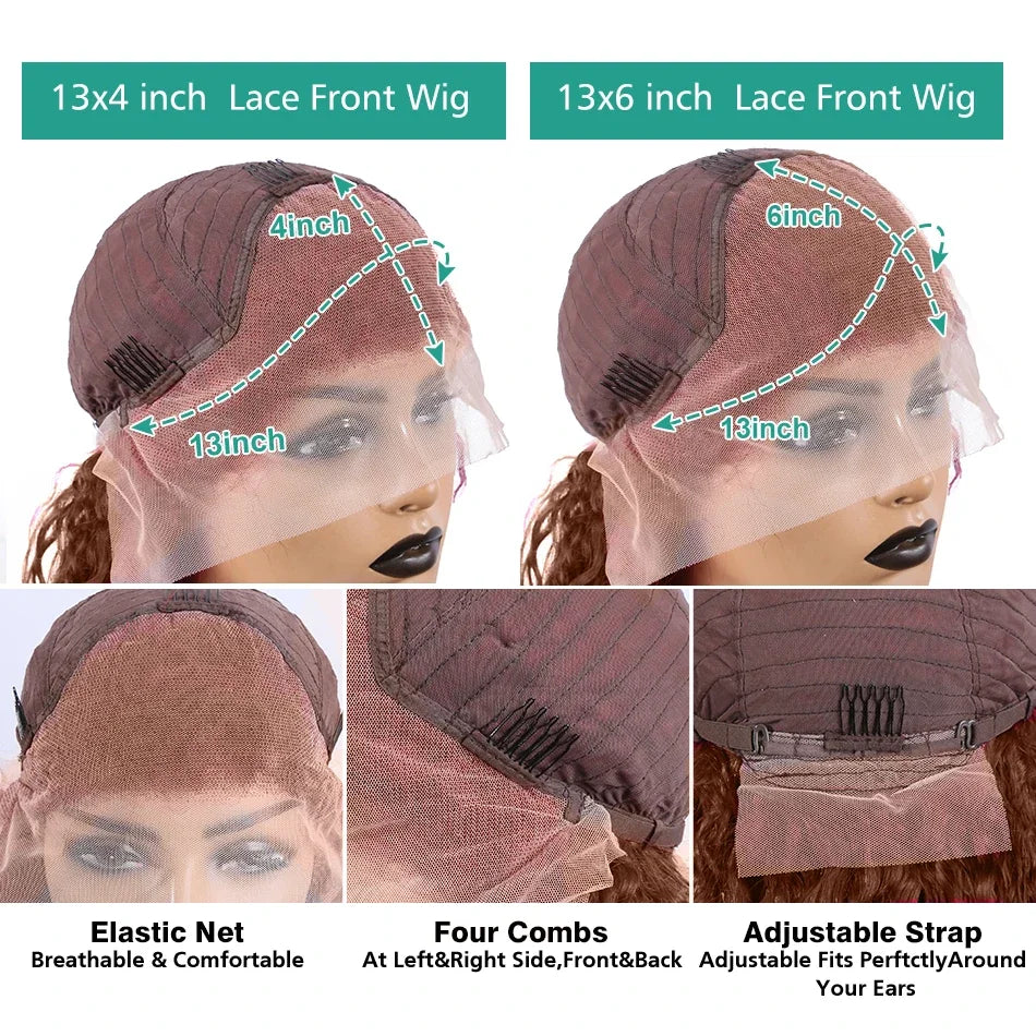 Detailed view of 13x4 and 13x6 inch lace front wigs showing breathable net and adjustable straps for comfort and fit.