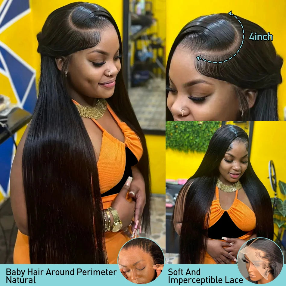 Model showcasing Bone Straight Transparent HD Lace Wig with natural baby hair, long sleek straight look, and soft lace finish.