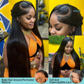 Model showcasing Bone Straight Transparent HD Lace Wig with natural baby hair, long sleek straight look, and soft lace finish.