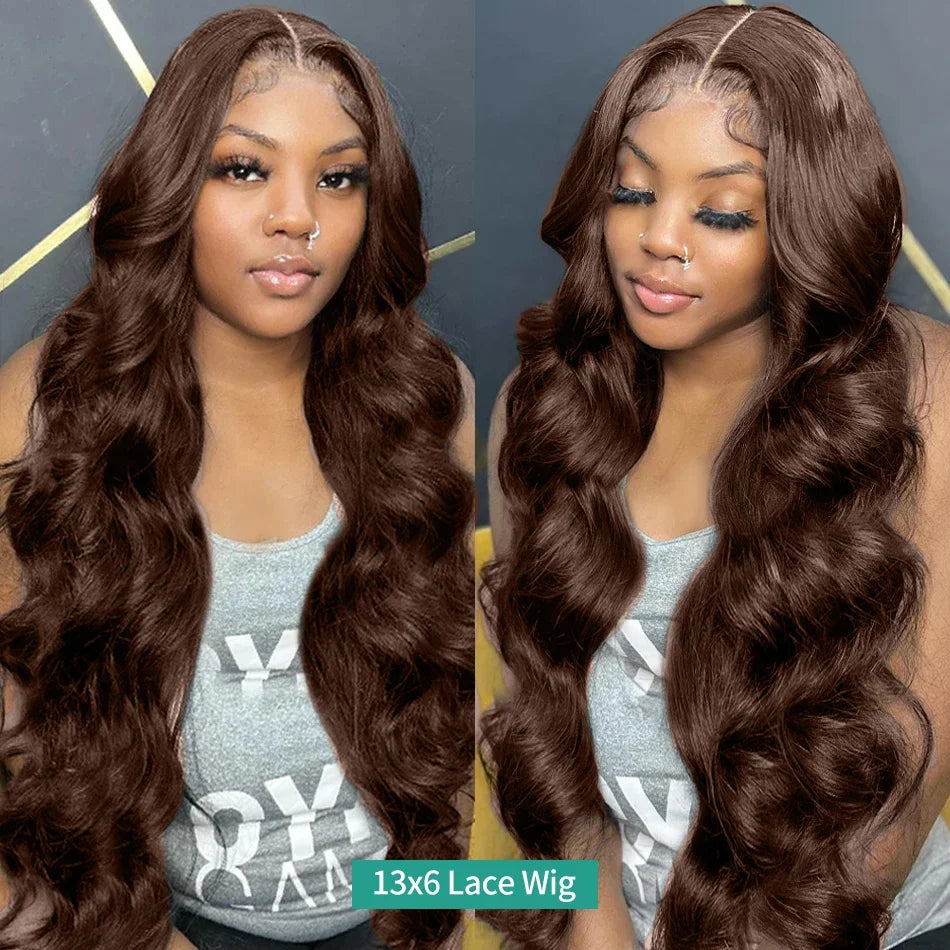 Chocolate brown body wave lace wig, 13x6, showcasing long Remy human hair on a model.