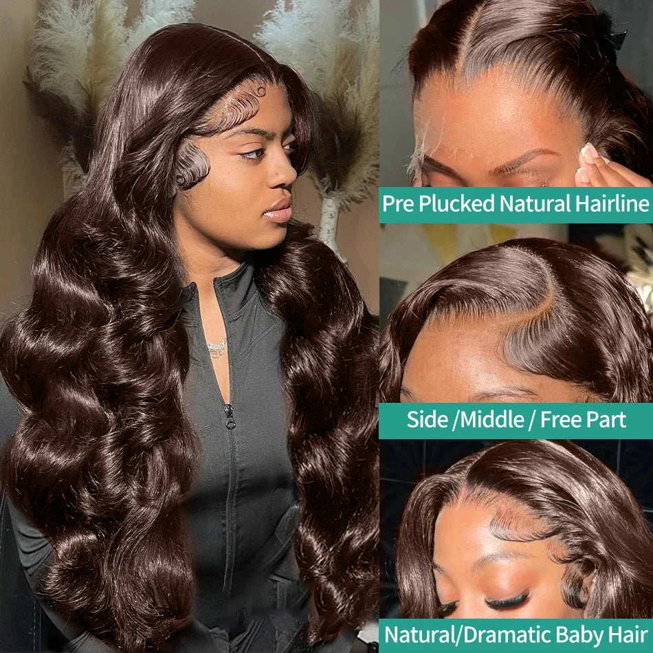 Chocolate brown body wave lace wig featuring pre-plucked natural hairline and versatile parting options with dramatic baby hairs.