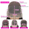13x4 lace wig with Swiss lace and elastic bands, showcasing various wig cap sizes and features for comfort and durability.