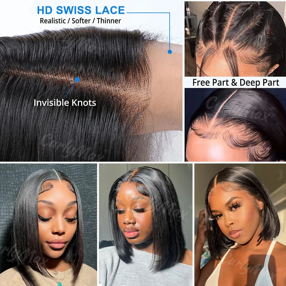 HD Swiss Lace Bob Wig with invisible knots, showcasing deep parting and realistic texture for a natural look.