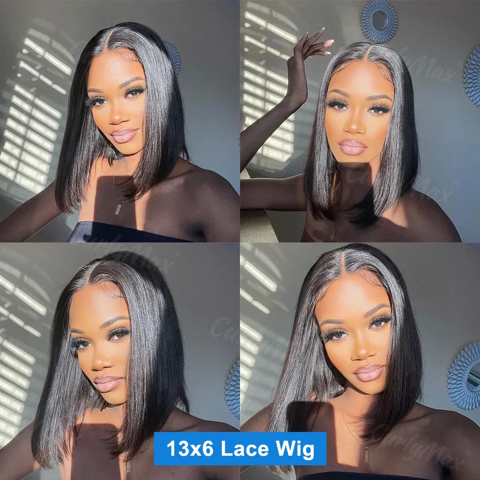Brazilian Bone Straight HD Bob Wig featuring a 13x6 lace design, showcasing a sleek and stylish look in multiple angles.