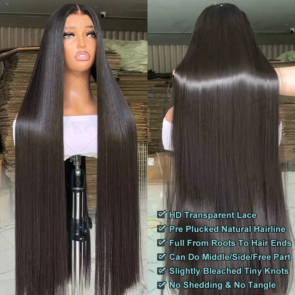 Bone Straight Transparent HD Lace Wig with long, sleek hair and natural hairline, featuring no shedding and no tangle.
